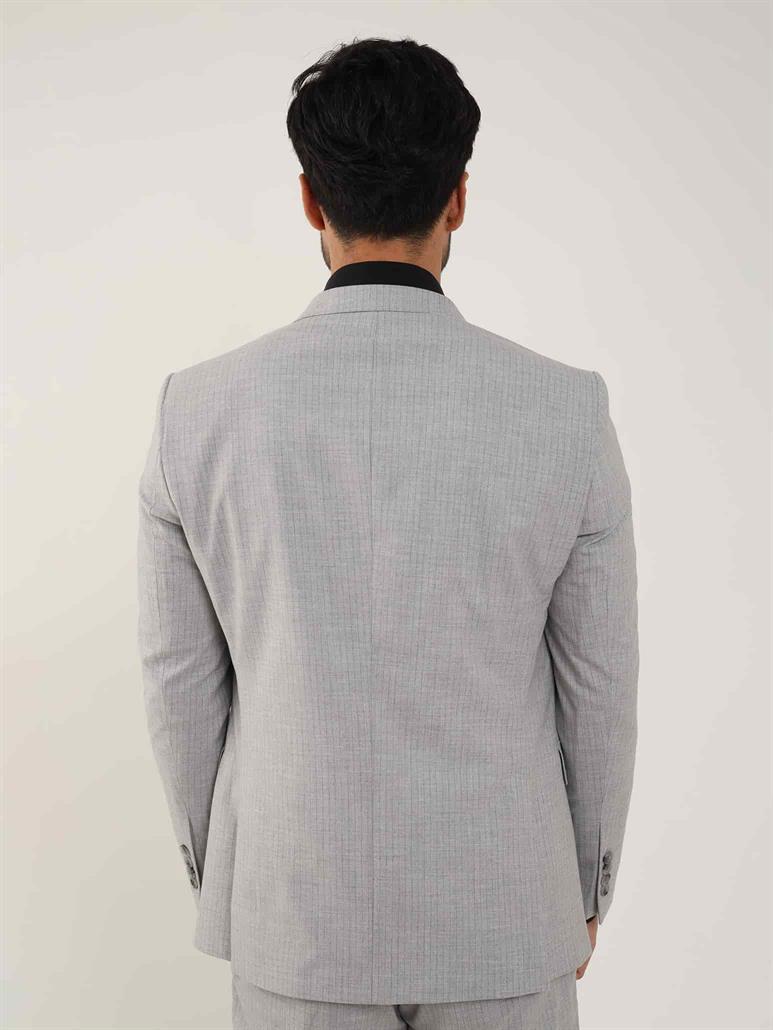 Gri Erkek Slim Fit Çizgili Kruvaze Yaka Takım Elbise - 104427