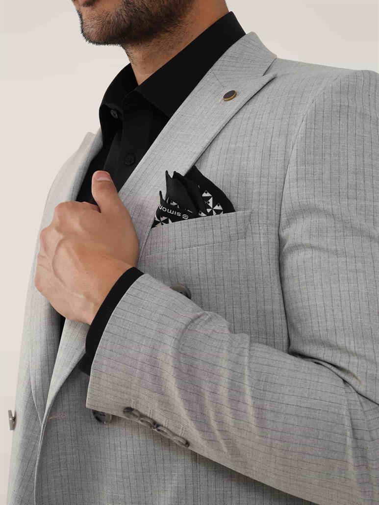 Gri Erkek Slim Fit Çizgili Kruvaze Yaka Takım Elbise - 104427