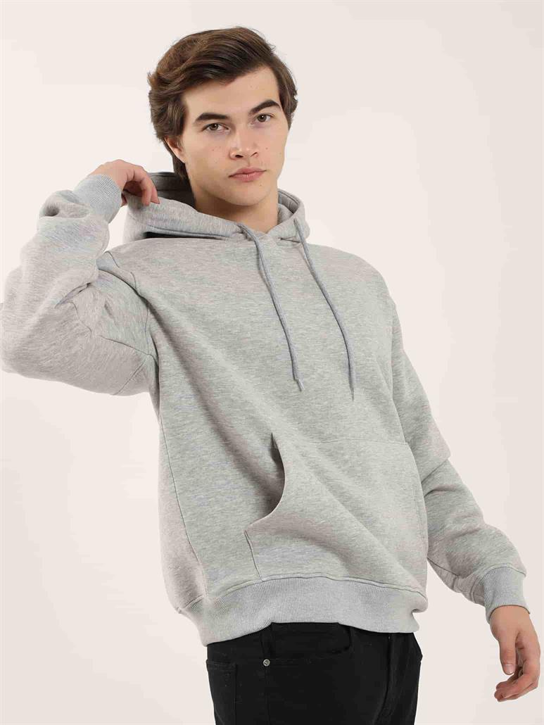 Gri Melanj Erkek Oversize Düz Pamuklu Kapüşonlu Sweatshirt 