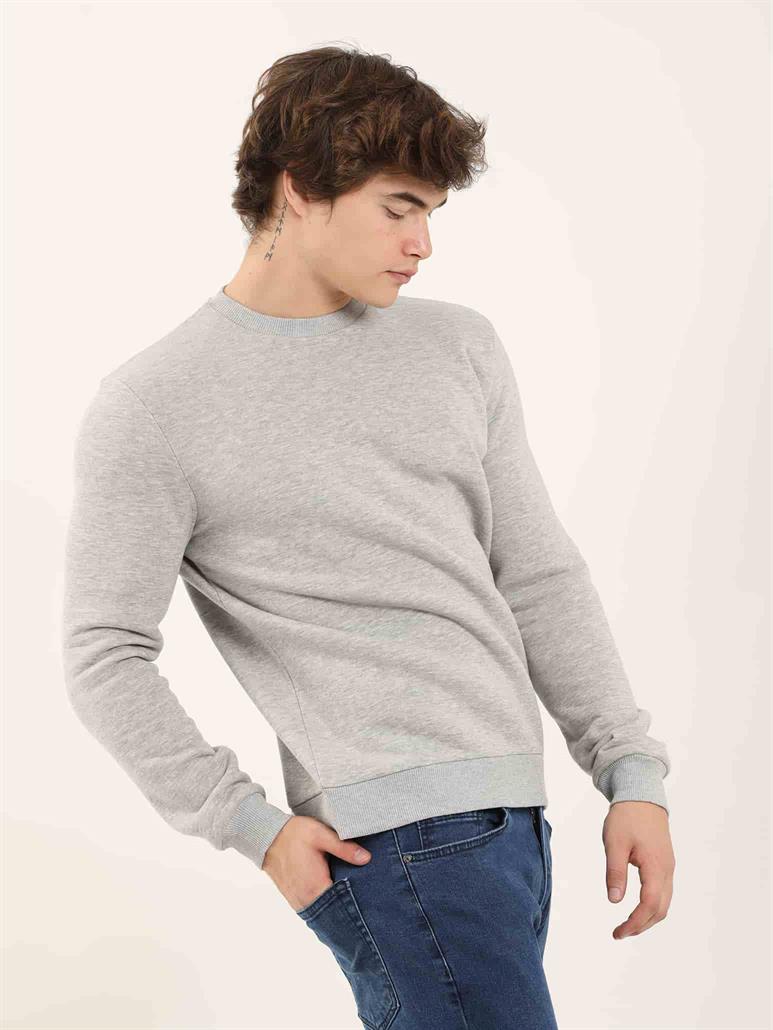 Gri Melanj Erkek Oversize Düz Pamuklu Bisiklet Yaka Sweatshirt 