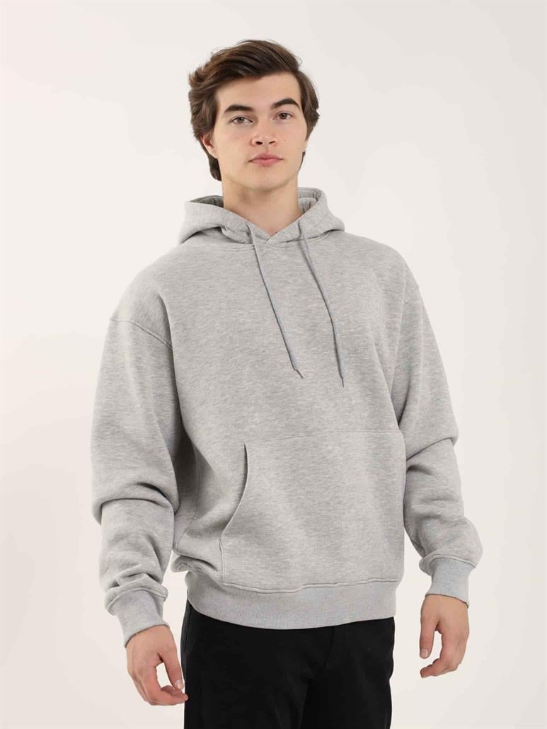 Gri Melanj Erkek Oversize Düz Pamuklu Kapüşonlu Sweatshirt 