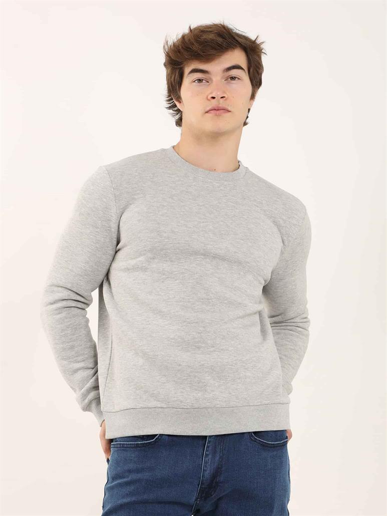 Gri Melanj Erkek Oversize Düz Pamuklu Bisiklet Yaka Sweatshirt 