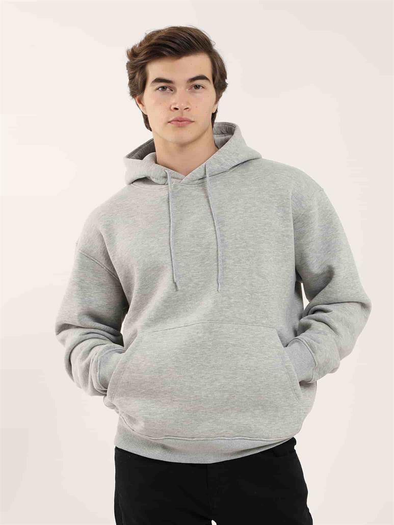 Gri Melanj Erkek Oversize Düz Pamuklu Kapüşonlu Sweatshirt 