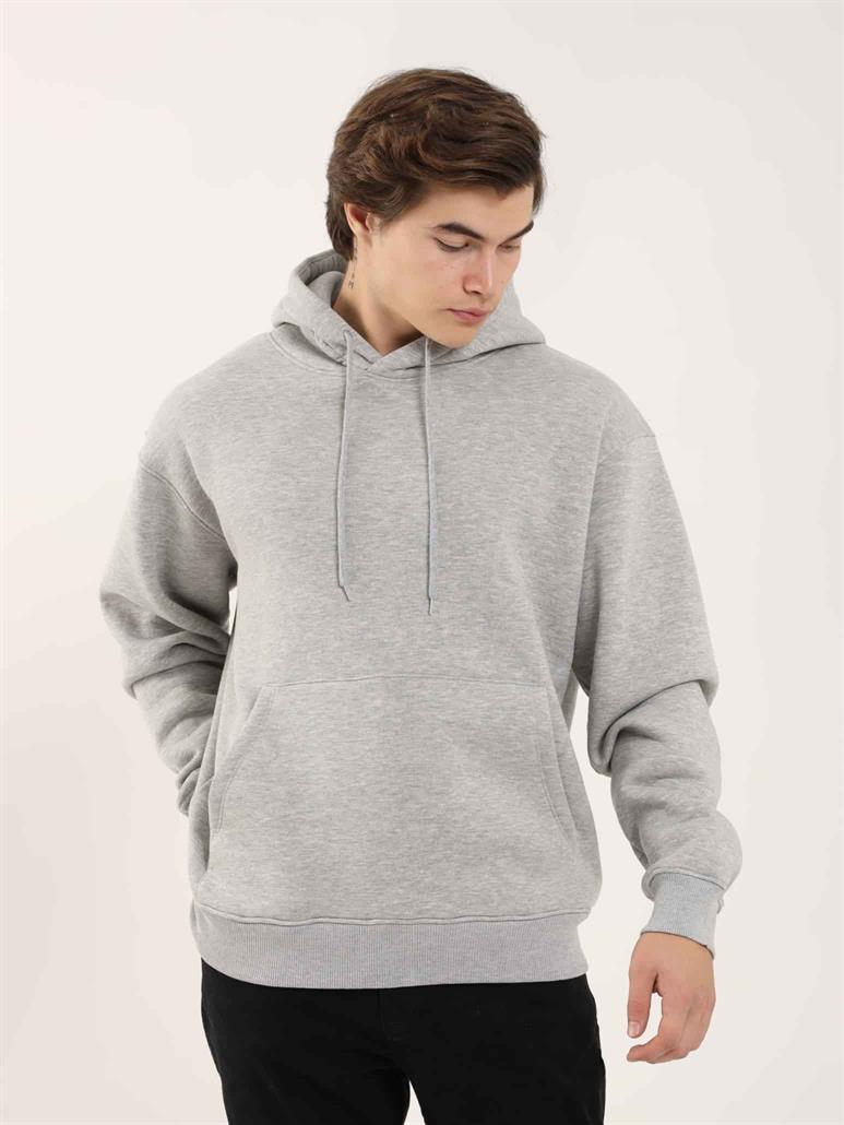 Gri Melanj Erkek Oversize Düz Pamuklu Kapüşonlu Sweatshirt 