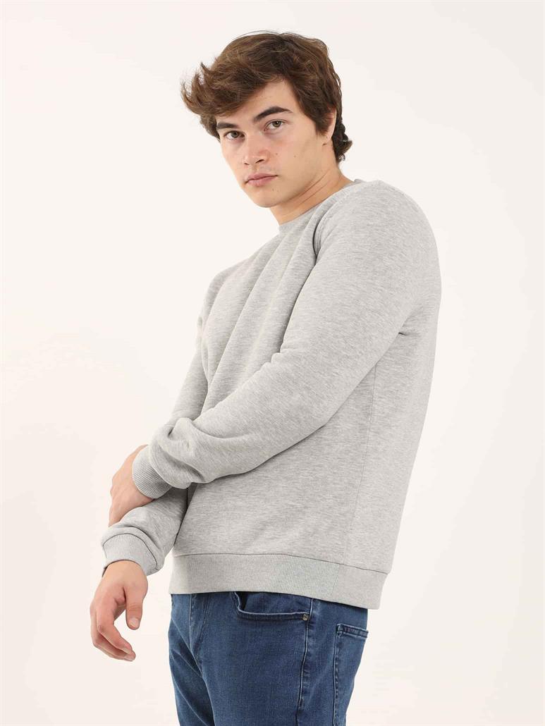 Gri Melanj Erkek Oversize Düz Pamuklu Bisiklet Yaka Sweatshirt 