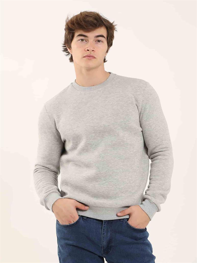 Gri Melanj Erkek Oversize Düz Pamuklu Bisiklet Yaka Sweatshirt 