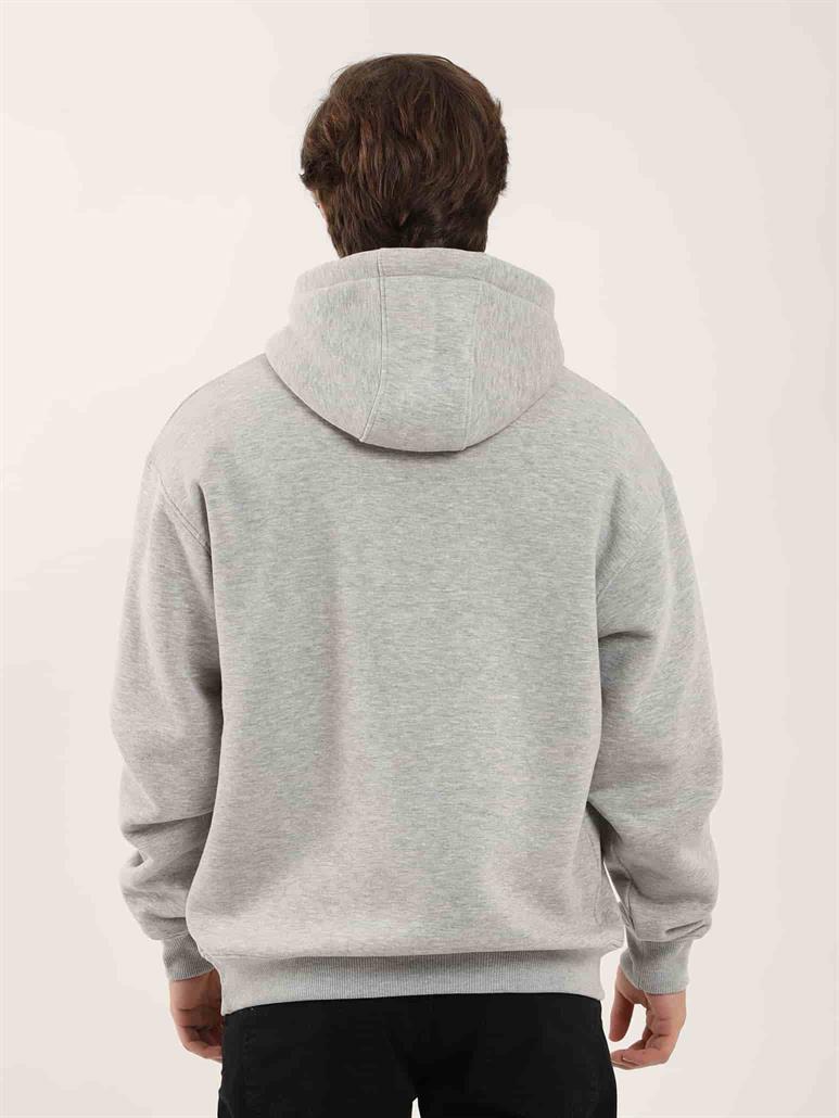 Gri Melanj Erkek Oversize Düz Pamuklu Kapüşonlu Sweatshirt 