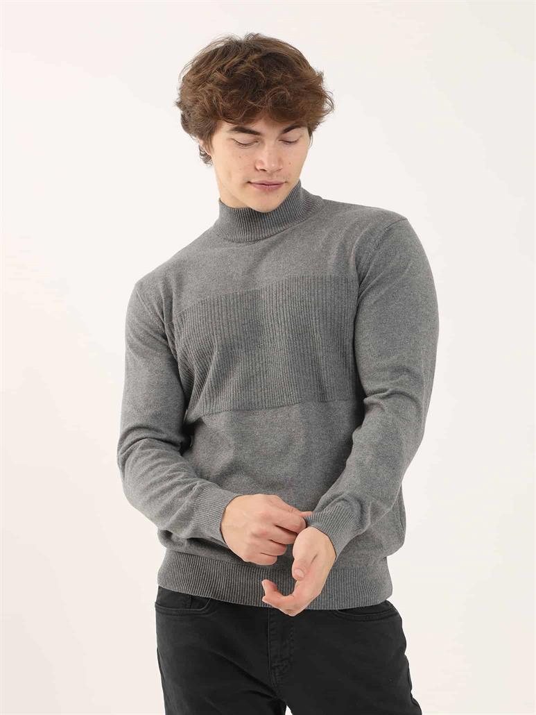 Gri Melanj Erkek Regular Fit Desenli Dik Yaka Triko 