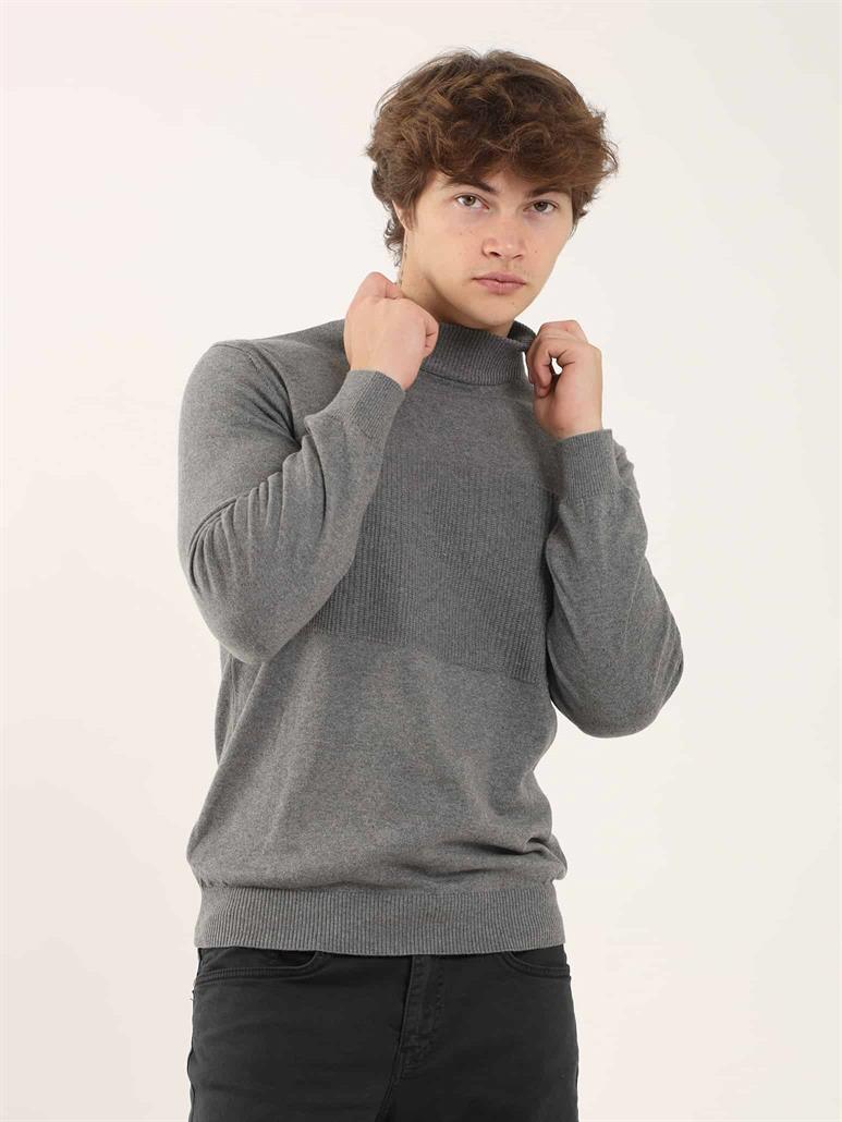 Gri Melanj Erkek Regular Fit Desenli Dik Yaka Triko 