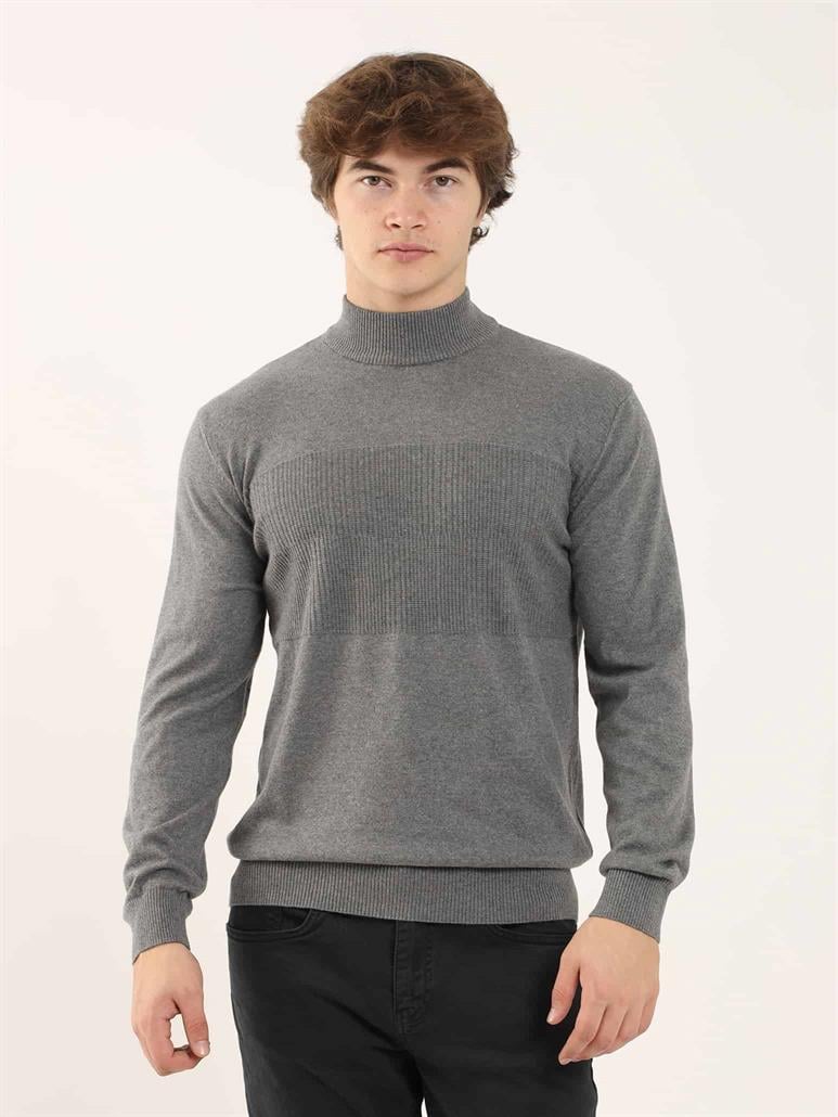 Gri Melanj Erkek Regular Fit Desenli Dik Yaka Triko 