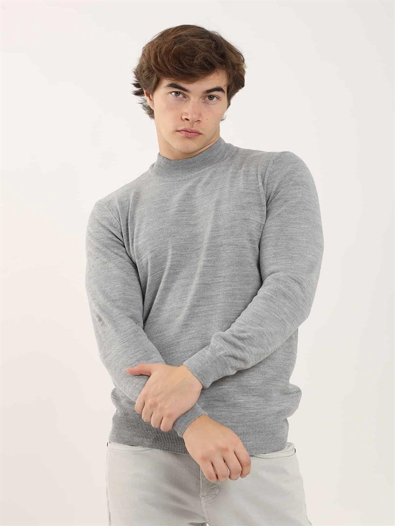 Gri Melanj Erkek Slim Fit Düz Klasik Yarım Balıkçı Yaka Triko 