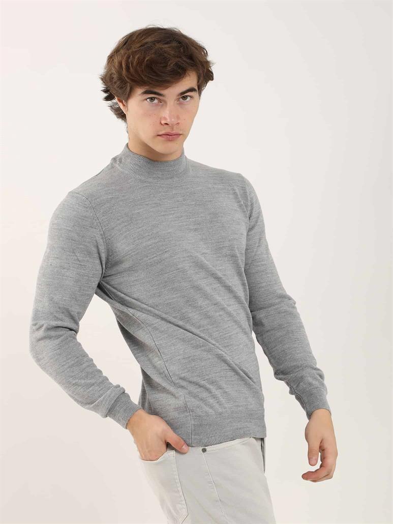 Gri Melanj Erkek Slim Fit Düz Klasik Yarım Balıkçı Yaka Triko 
