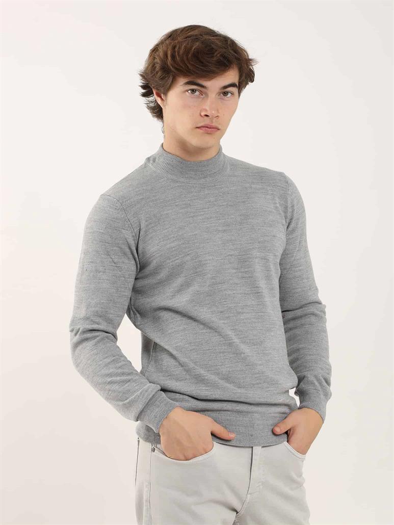 Gri Melanj Erkek Slim Fit Düz Klasik Yarım Balıkçı Yaka Triko 