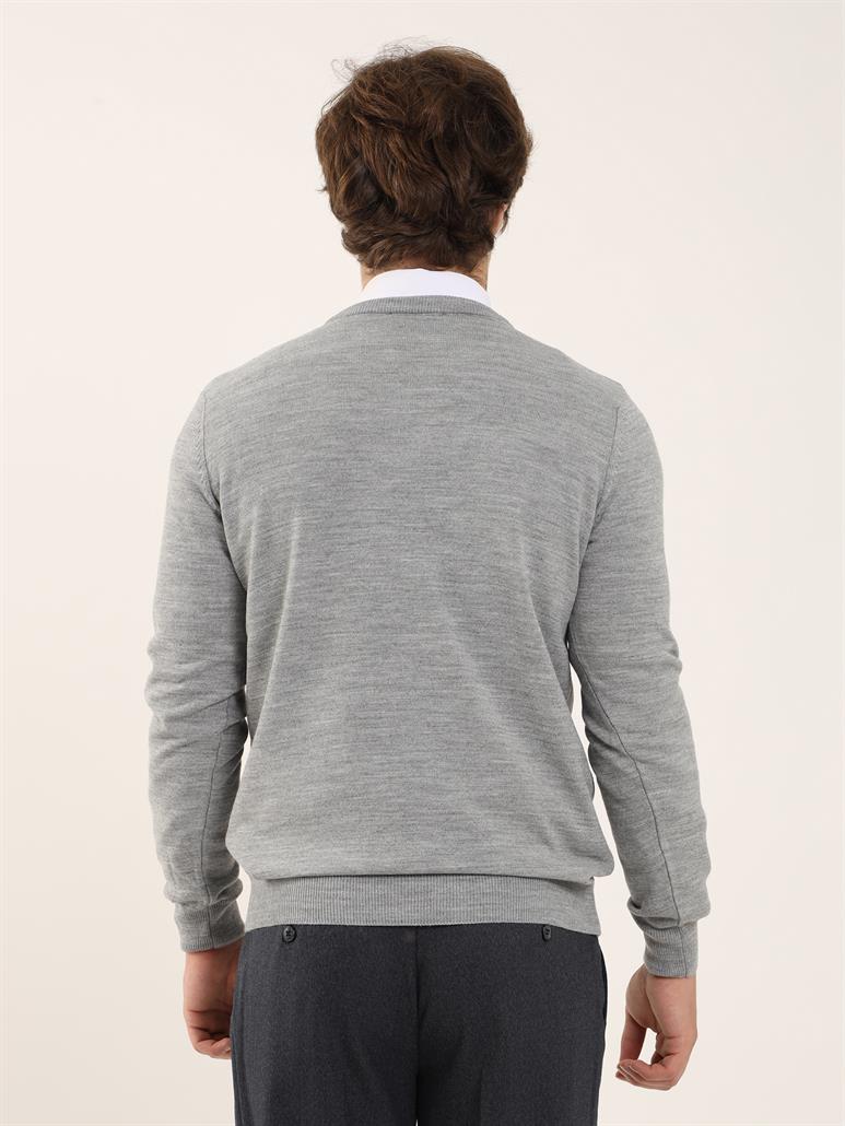 Gri Melanj Erkek Slim Fit Düz Klasik V Yaka Triko 