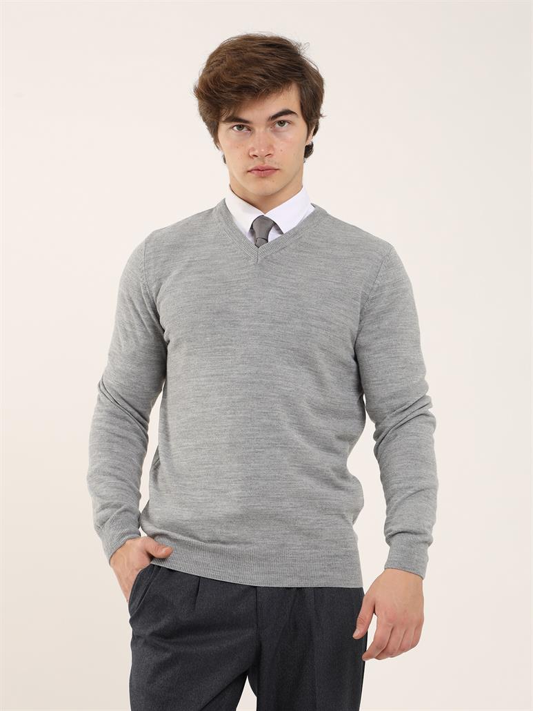 Gri Melanj Erkek Slim Fit Düz Klasik V Yaka Triko 