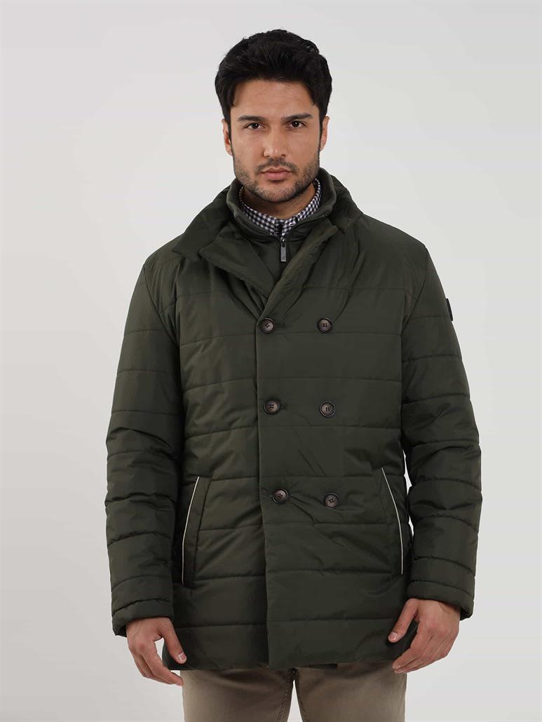 Haki Erkek Regular Fit Düz Kapüşonlu Şişme Mont 