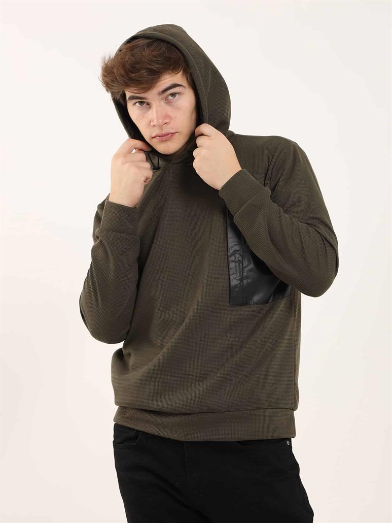 Haki Erkek Regular Fit Düz Kapüşonlu   Sweatshirt 