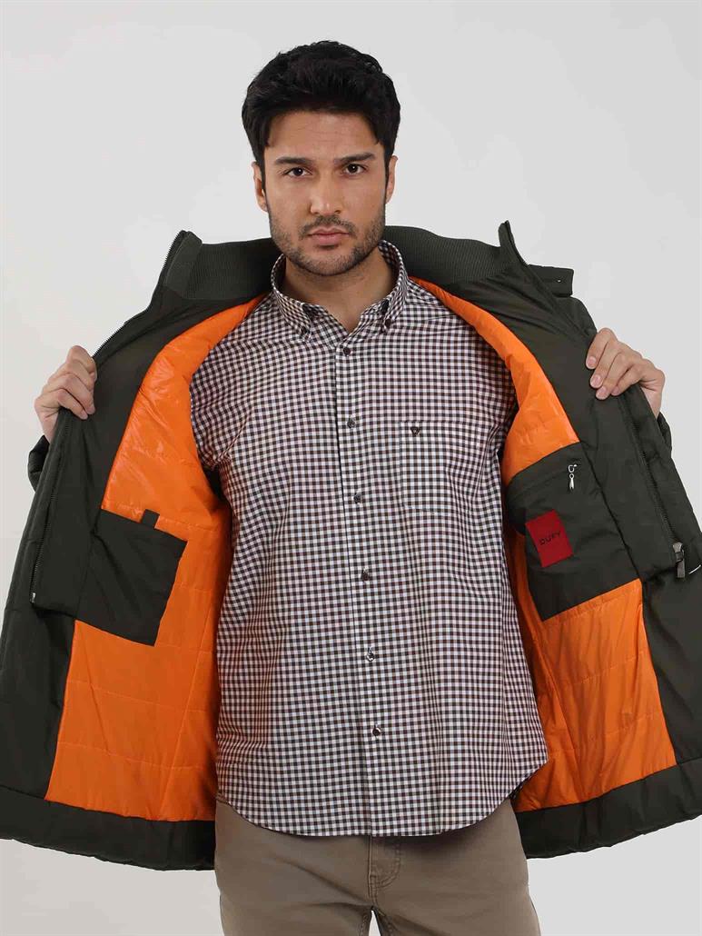 Haki Erkek Regular Fit Düz Kapüşonlu Şişme Mont 