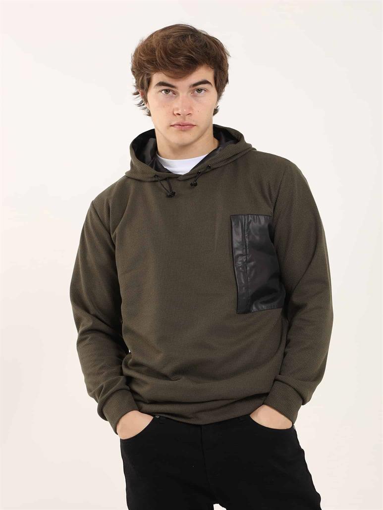 Haki Erkek Regular Fit Düz Kapüşonlu   Sweatshirt 