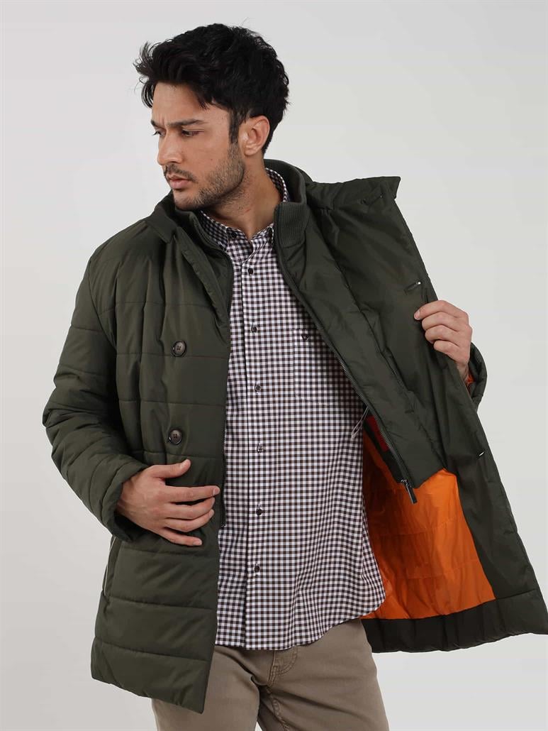 Haki Erkek Regular Fit Düz Kapüşonlu Şişme Mont 