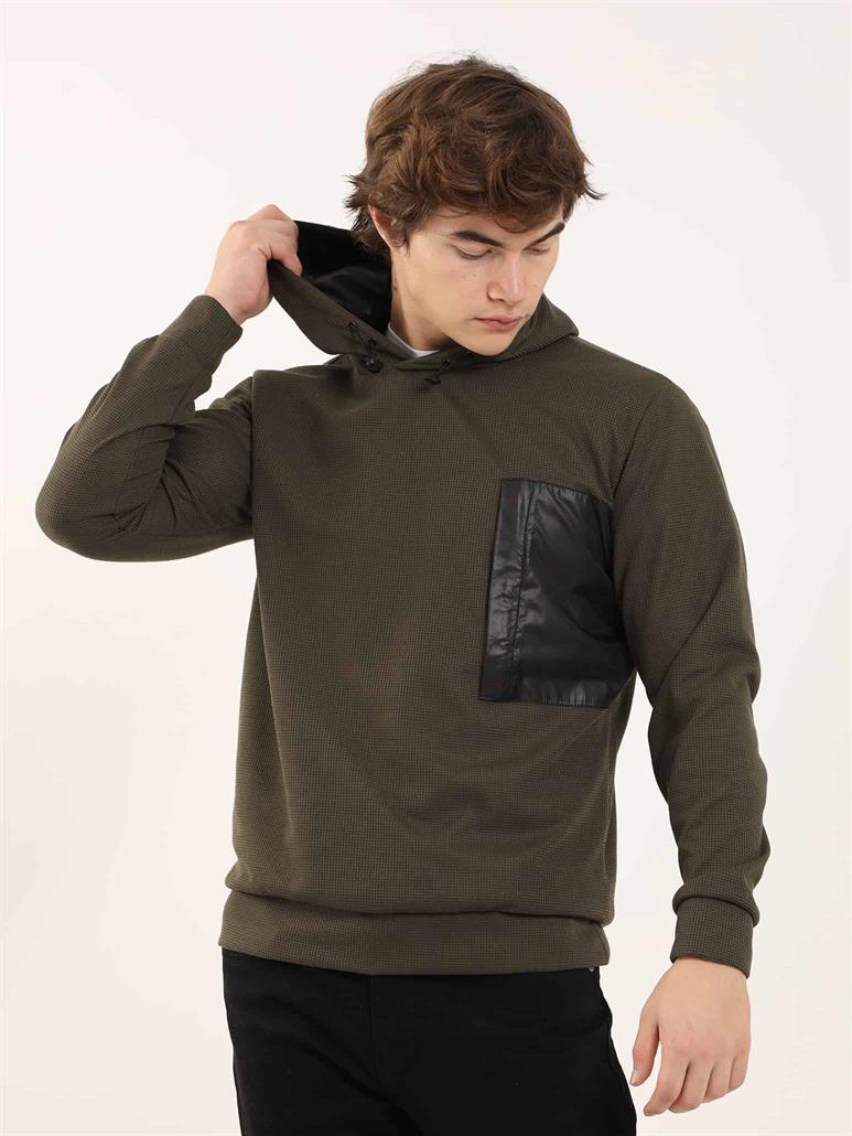 Haki Erkek Regular Fit Düz Kapüşonlu   Sweatshirt 