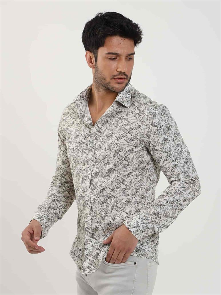 Haki Erkek Slim Fit Yaprak Desenli Brent Yaka Uzun Kol Gömlek 