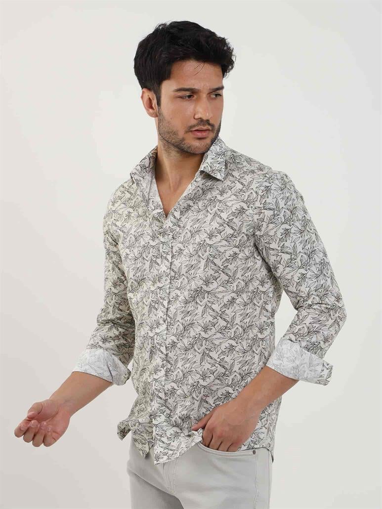Haki Erkek Slim Fit Yaprak Desenli Brent Yaka Uzun Kol Gömlek 