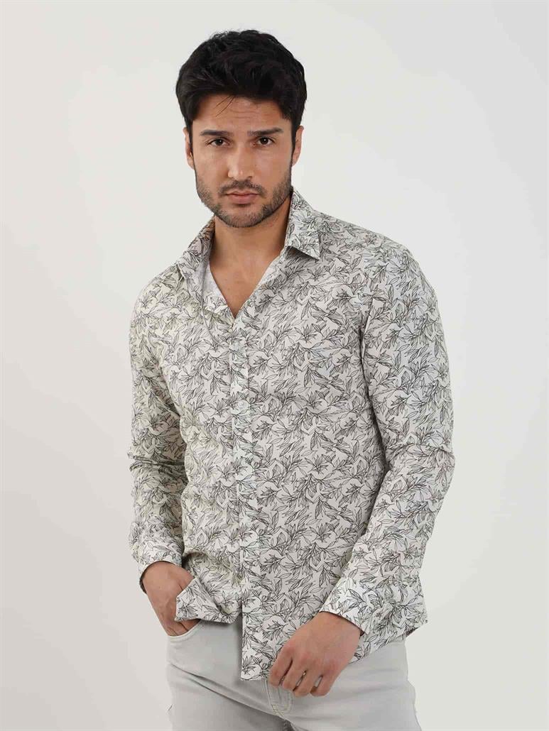 Haki Erkek Slim Fit Yaprak Desenli Brent Yaka Uzun Kol Gömlek 