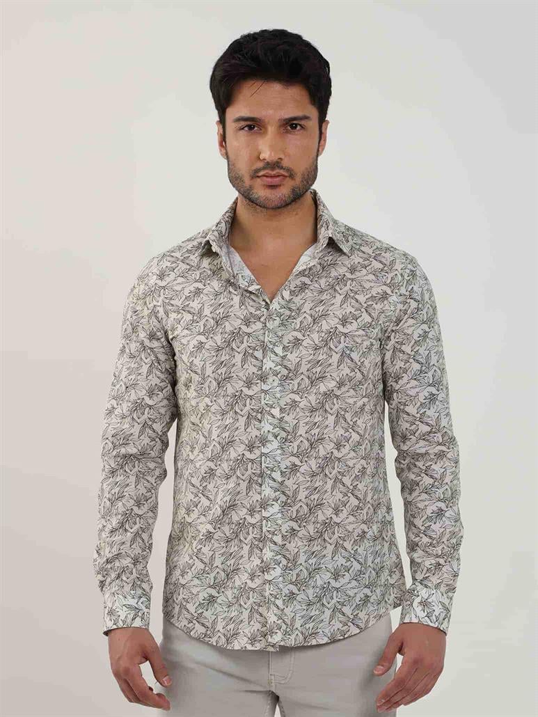 Haki Erkek Slim Fit Yaprak Desenli Brent Yaka Uzun Kol Gömlek 