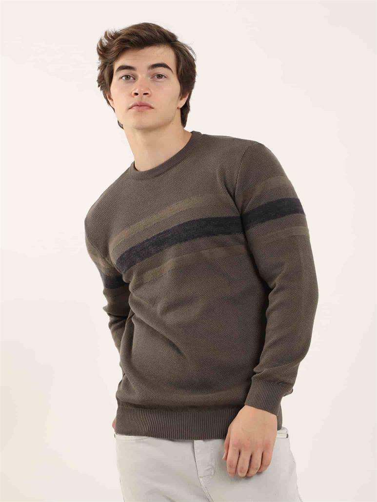 Haki Erkek Slim Fit Çizgili Bisiklet Yaka Triko 