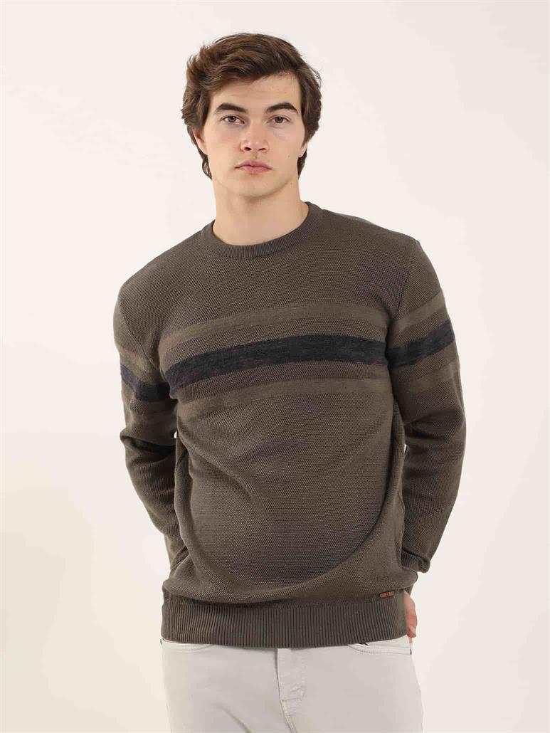 Haki Erkek Slim Fit Çizgili Bisiklet Yaka Triko 