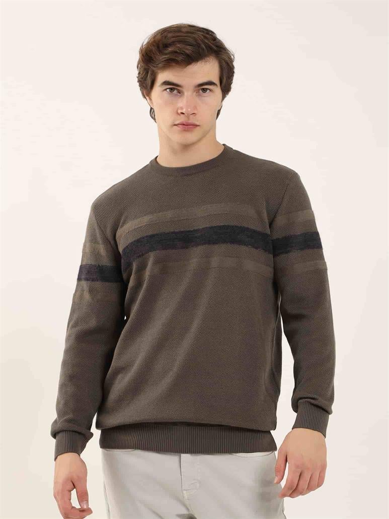 Haki Erkek Slim Fit Çizgili Bisiklet Yaka Triko 