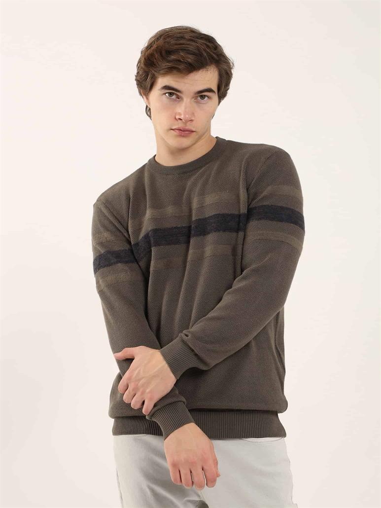 Haki Erkek Slim Fit Çizgili Bisiklet Yaka Triko 