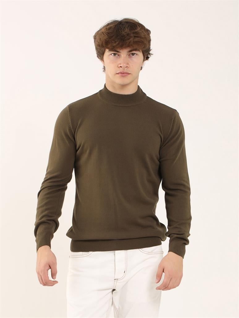 Haki Erkek Slim Fit Düz Klasik Yarım Balıkçı Yaka Triko 
