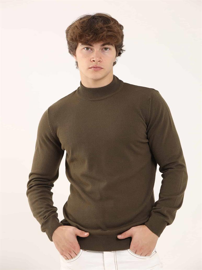 Haki Erkek Slim Fit Düz Klasik Yarım Balıkçı Yaka Triko 