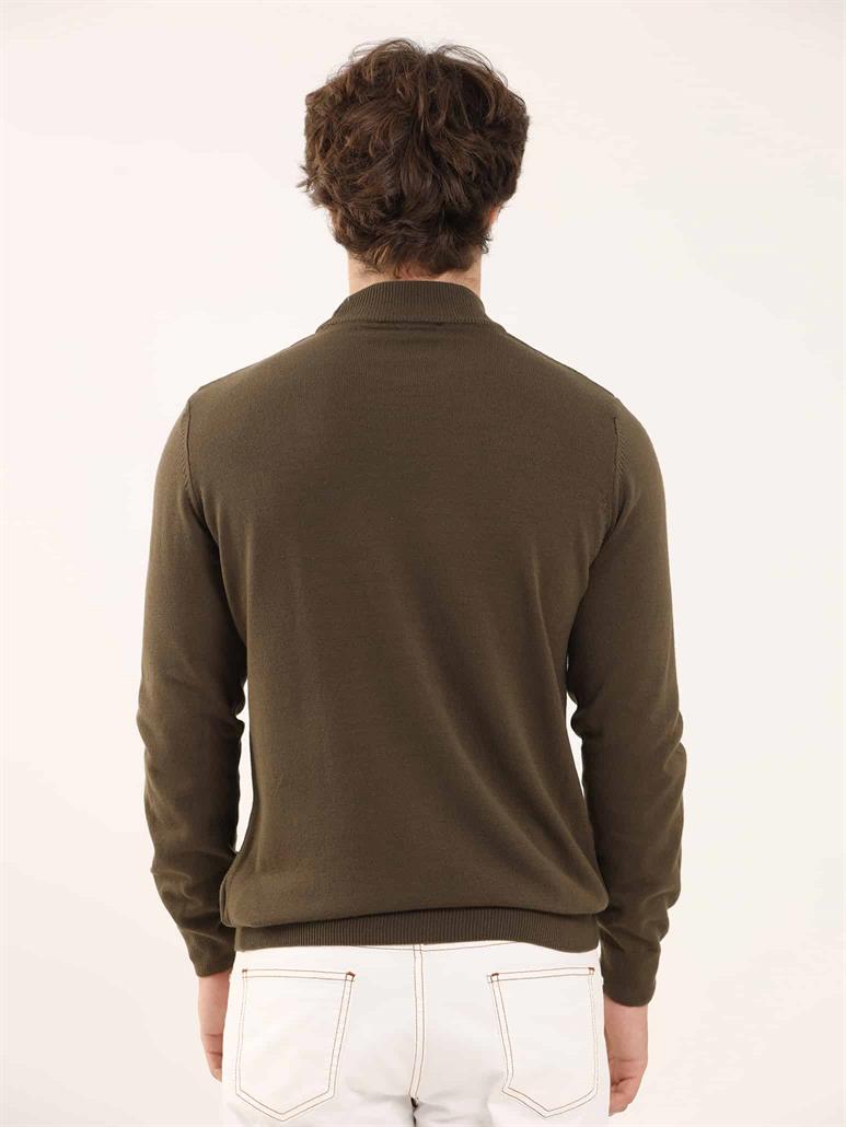 Haki Erkek Slim Fit Düz Klasik Yarım Balıkçı Yaka Triko 