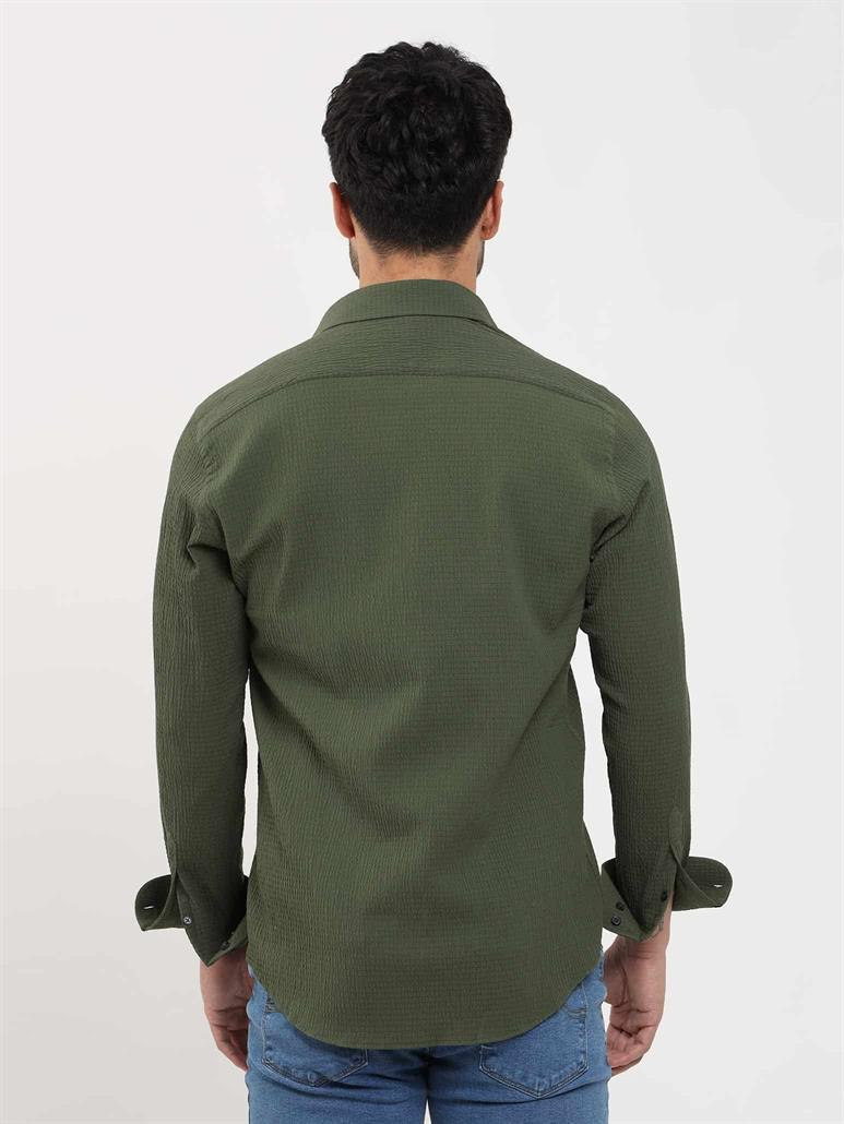 Haki Erkek Slim Fit Gofre Desenli Brent Yaka Uzun Kol Gömlek 