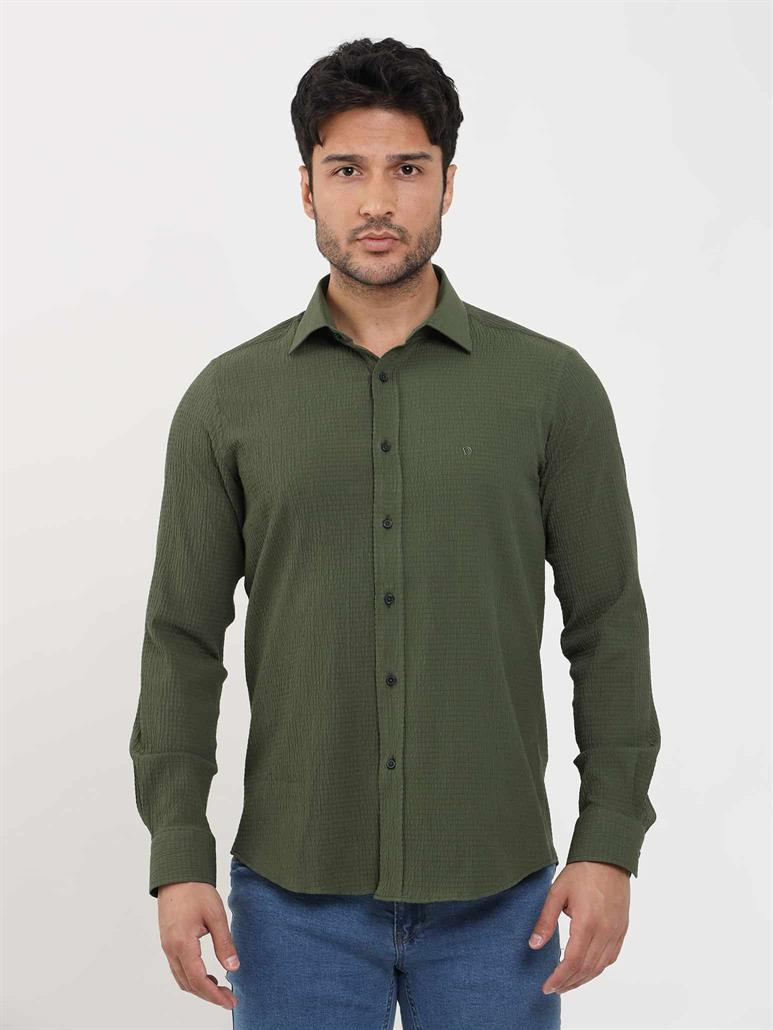 Haki Erkek Slim Fit Gofre Desenli Brent Yaka Uzun Kol Gömlek 