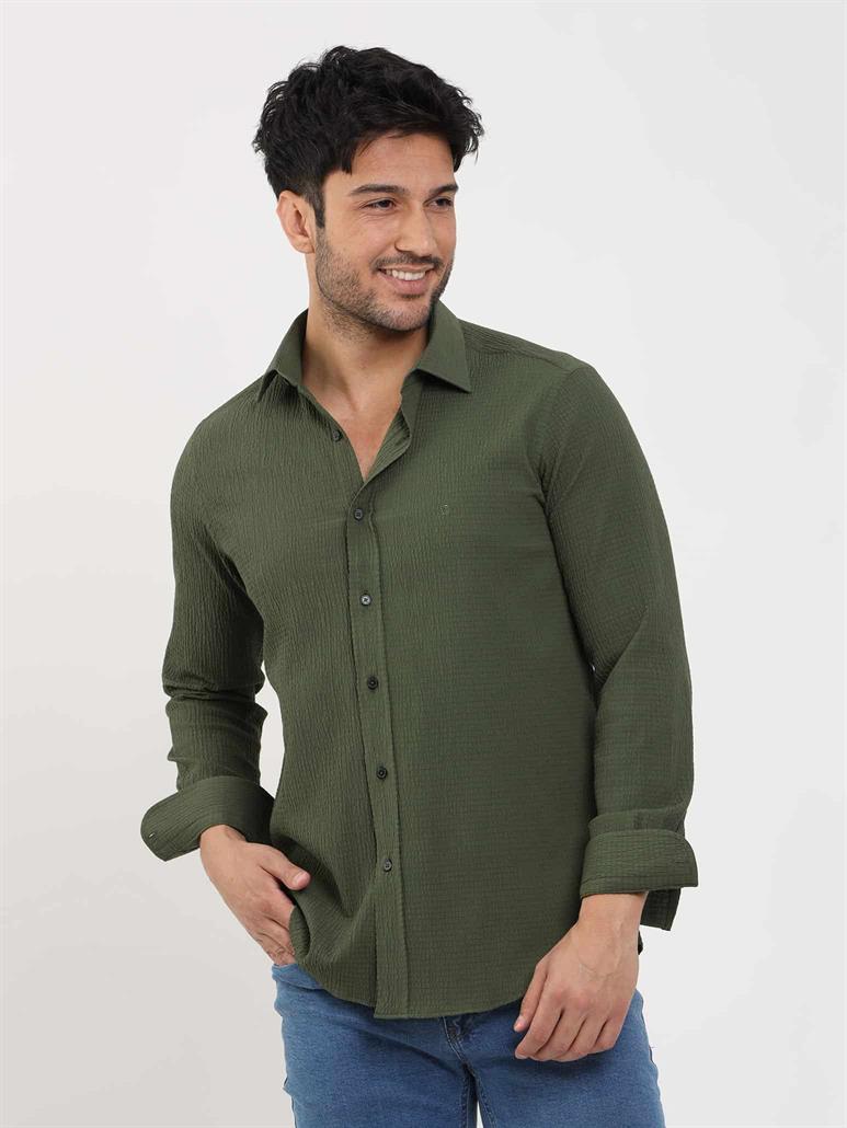 Haki Erkek Slim Fit Gofre Desenli Brent Yaka Uzun Kol Gömlek 
