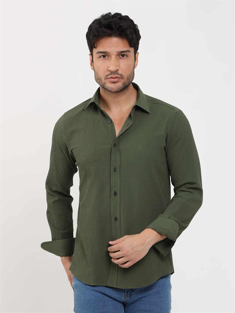 Haki Erkek Slim Fit Gofre Desenli Brent Yaka Uzun Kol Gömlek 