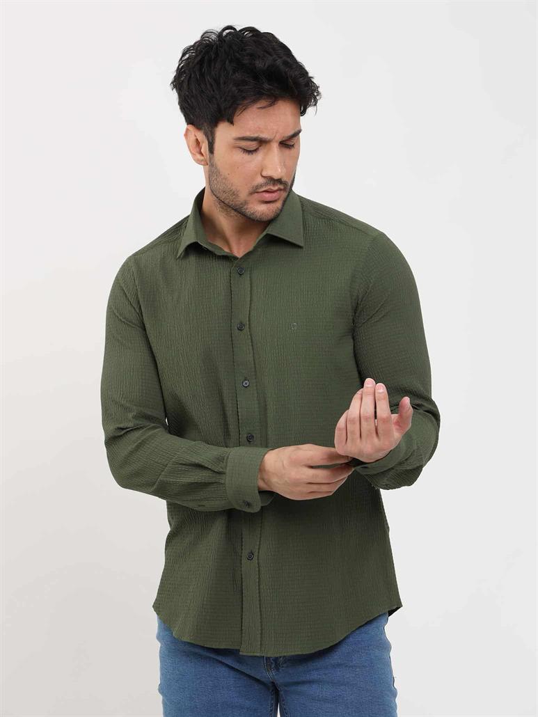 Haki Erkek Slim Fit Gofre Desenli Brent Yaka Uzun Kol Gömlek 