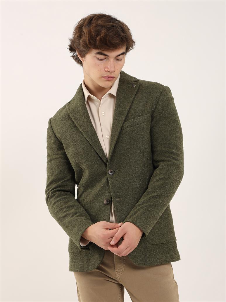Haki Erkek Slim Fit Düz Kaşe Mono Yaka Ceket 