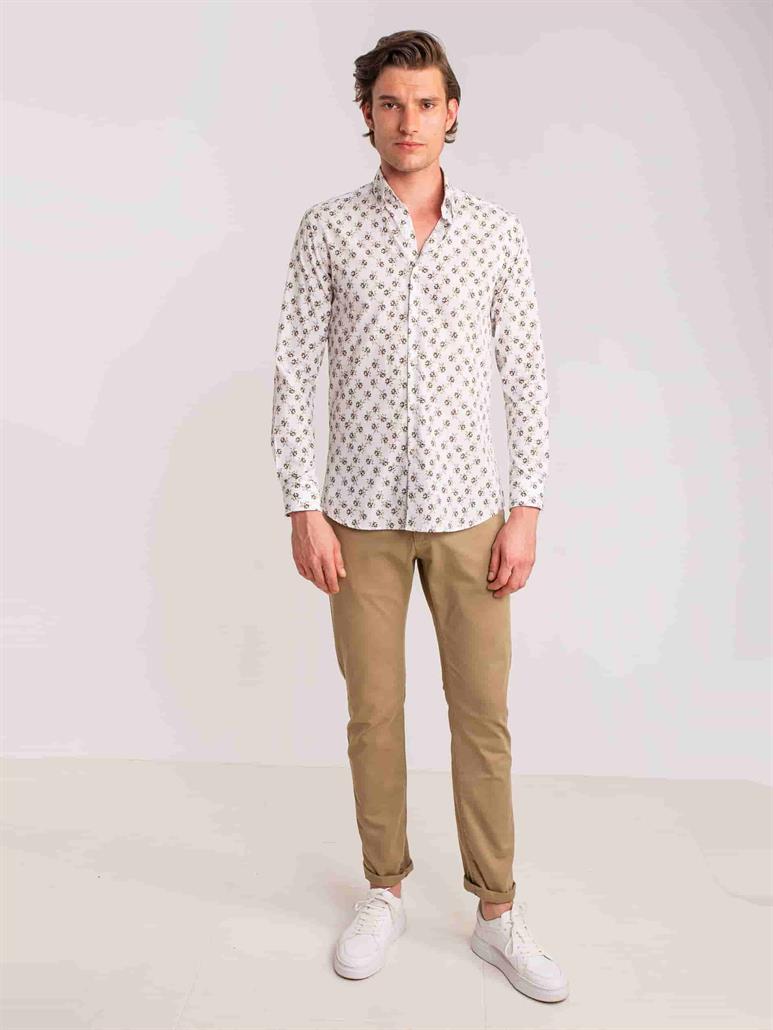 Haki Erkek Slim Fit Yaprak Desenli Brent Düğmeli Yaka Uzun Kol Gömlek - 60701