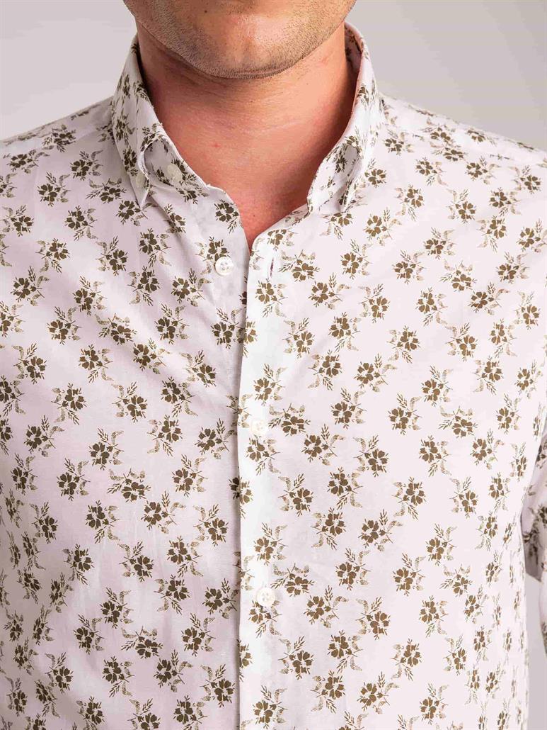 Haki Erkek Slim Fit Yaprak Desenli Brent Düğmeli Yaka Uzun Kol Gömlek - 60701