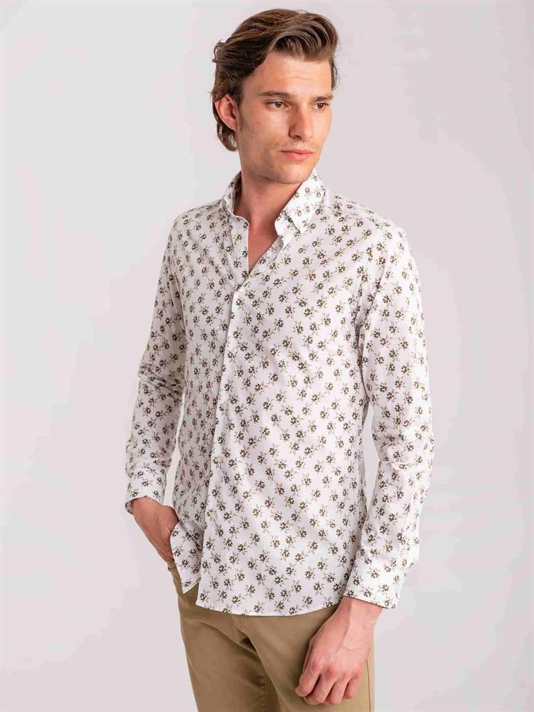 Haki Erkek Slim Fit Yaprak Desenli Brent Düğmeli Yaka Uzun Kol Gömlek - 60701