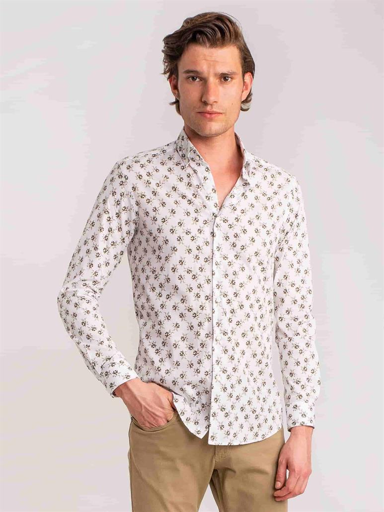 Haki Erkek Slim Fit Yaprak Desenli Brent Düğmeli Yaka Uzun Kol Gömlek - 60701