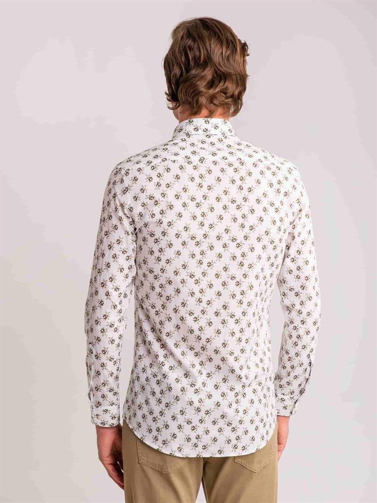 Haki Erkek Slim Fit Yaprak Desenli Brent Düğmeli Yaka Uzun Kol Gömlek - 60701