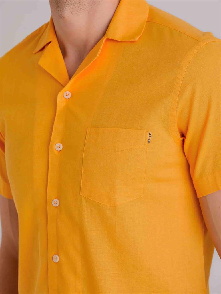 Hardal Erkek Slim Fit Düz Küba Yaka Kısa Kol Gömlek - 58164