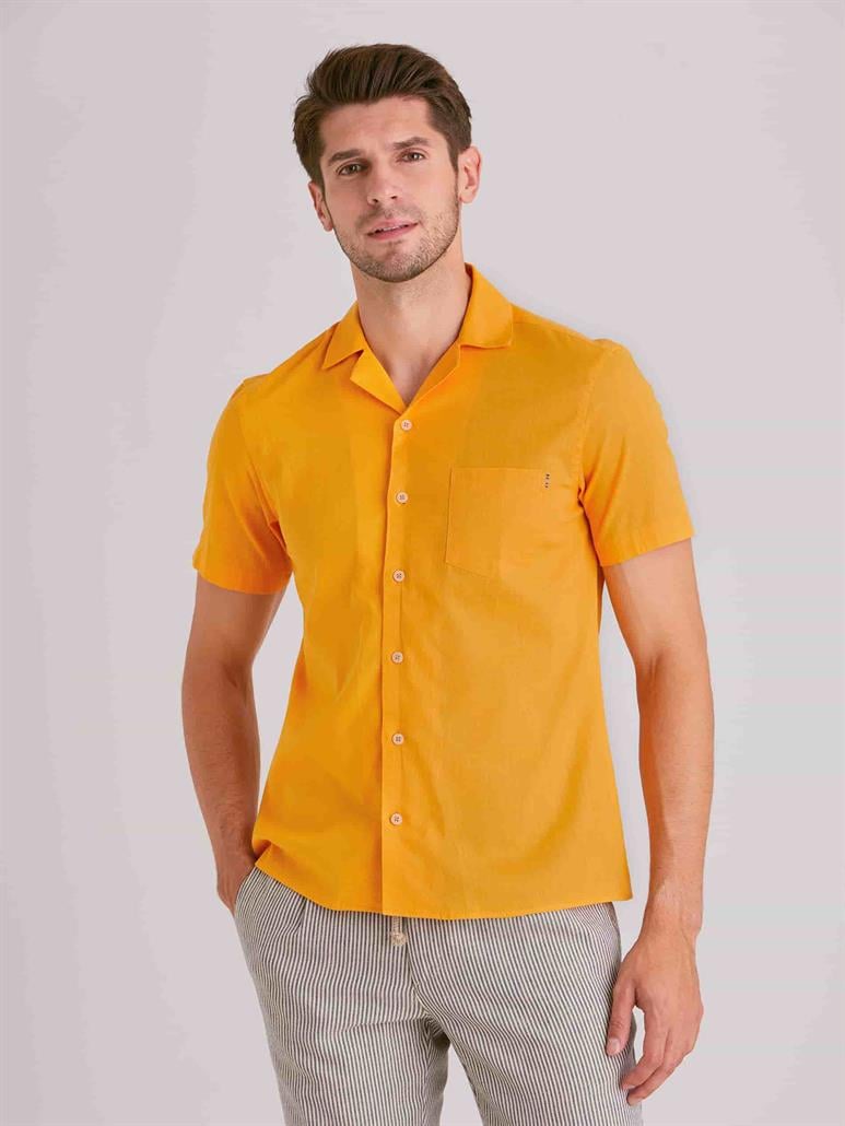 Hardal Erkek Slim Fit Düz Küba Yaka Kısa Kol Gömlek - 58164