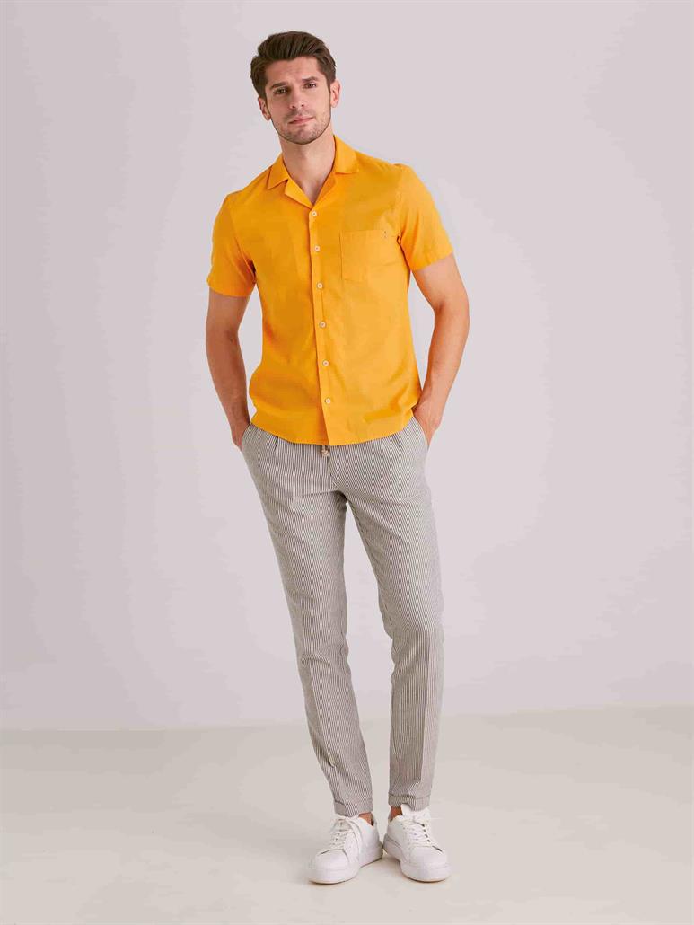 Hardal Erkek Slim Fit Düz Küba Yaka Kısa Kol Gömlek - 58164